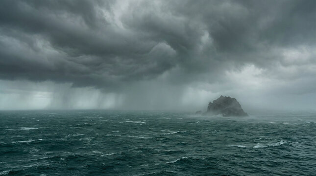 Dramatic Storm Clouds Over Ocean Moody Seascape. Turbulent grey sky meeting dark teal waters with brooding atmospheric tension before rainfall
