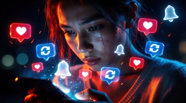 Young woman cries looking at phone screen surrounded by glowing social media likes shares and bell icons. Digital overload causes emotional stress and anxiety from online feedback pressure.
