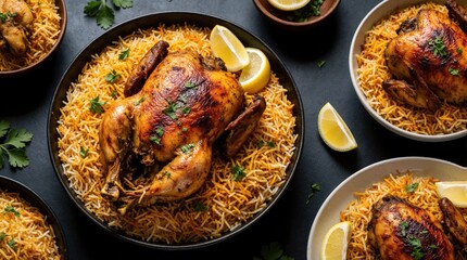 Fototapeta premium Whole roasted chicken served atop fragrant rice on dark table with lemon wedges. Aromatic biryani is garnished with parsley, offering a delightful meal.