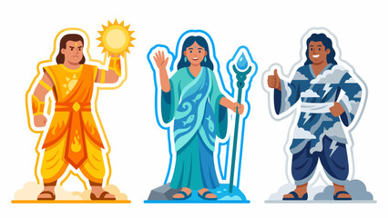 Fototapeta premium Three Hindu deities representing sun, water, and storm elements with traditional Indian attire and divine symbols.