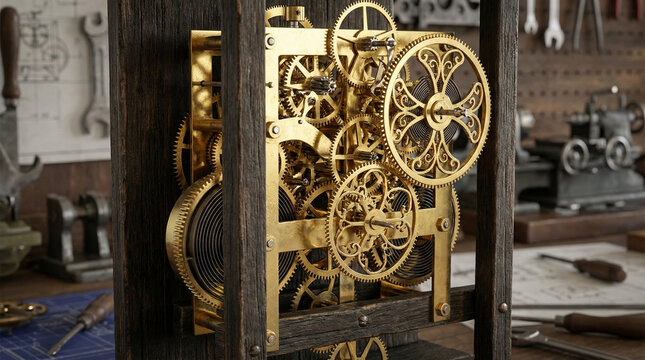 Vintage Pocket Watch Gears Mechanism Detail. Intricate clockwork machinery exposed view, golden brass components, steampunk aesthetic