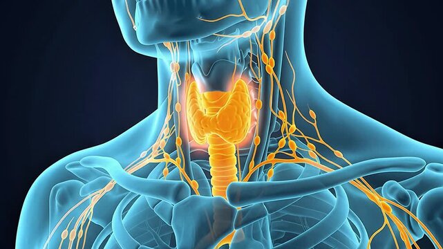 3D medical illustration of a glowing human thyroid gland in the neck showing the lymphatic system and skeletal structure