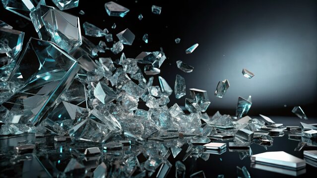 Shattered glass pieces scattered on a dark and sleek black background , fragments, broken glass