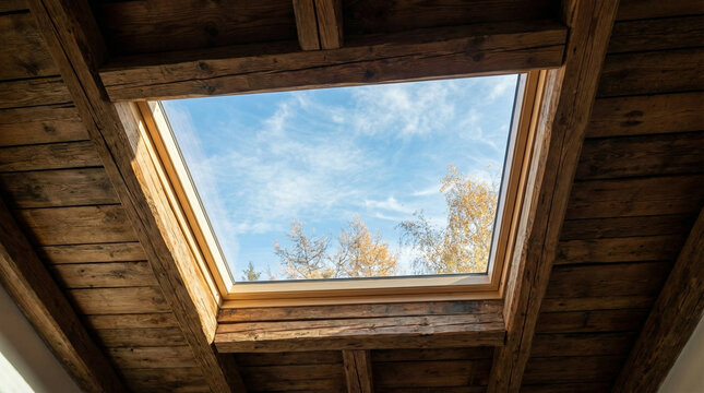 Skylight Window Ceiling Architecture. Rectangular skylight framing blue autumn sky with wispy clouds, wooden beam ceiling structure