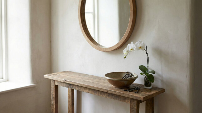 Entryway Console Table Styled Vignette. Slim wooden console with round mirror above, keys in ceramic dish and single orchid stem
