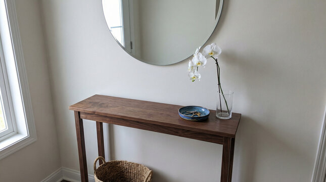 Entryway Console Table Styled Vignette. Slim wooden console with round mirror above, keys in ceramic dish and single orchid stem