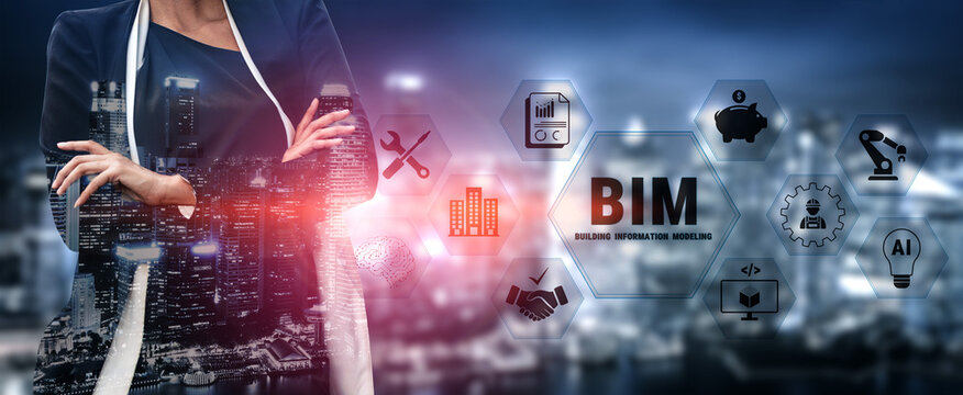 Professional woman in urban setting analyzing Building Information Modeling concepts with digital icons representing construction and technology. Glyphic.