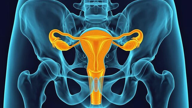 3D medical animation showing the female reproductive system with highlighted uterus and ovaries within the human pelvic structure