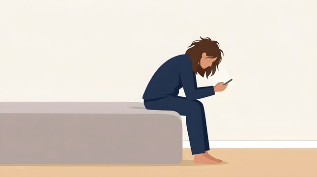 Loneliness and Connection: A person in pajamas sits alone on the edge of a bed, engrossed in their smartphone, highlighting the paradox of digital connection and social isolation.