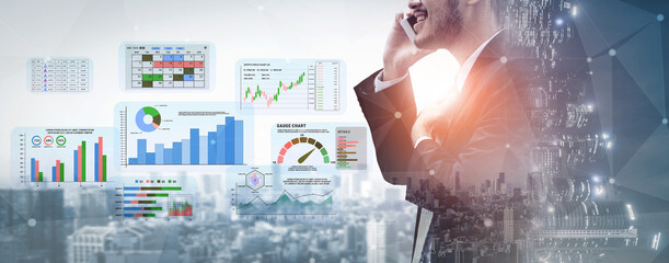 Business Professional Discussing Data Analysis on Smartphone with Graphs and Charts Overlaid...