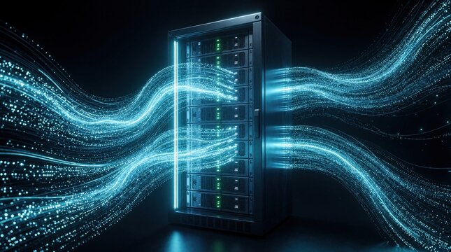 Server racks process glowing digital data streams. Futuristic network hub handles information flow. Big data computing infrastructure connects globally. Cloud storage and cyberspace technology.