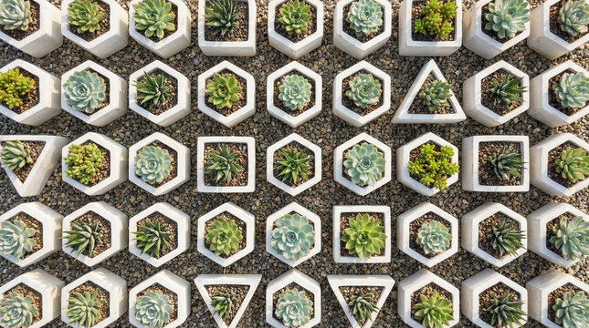 Succulent Garden Aerial View Geometric Planters. Bird's eye view of various succulents in white geometric concrete planters arranged in grid pattern