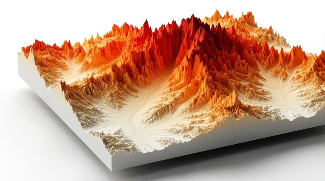 3D GIS terrain map shows digital elevation model on floating slab. Orange mountain peaks, valleys represent topography data for spatial analysis. High tech cartography visualization for urban