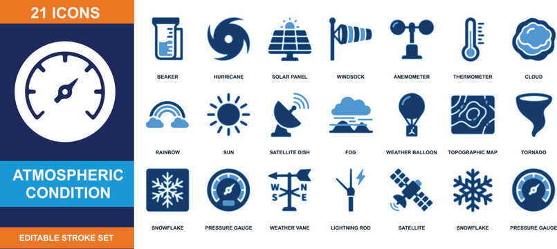 Atmospheric condition and weather forecasting icon set vector graphics for meteorology climate and environmental data
