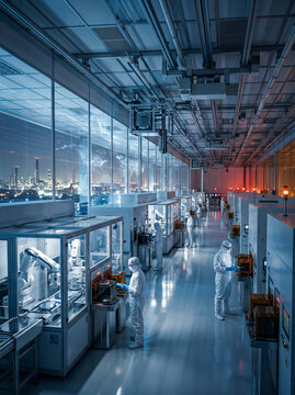 Modern semiconductor manufacturing cleanroom facility with engineers in protective suits operating automated robotic assembly machinery