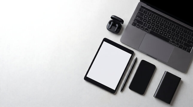 Modern electronic gadgets workspace flat lay with laptop, blank screen tablet, smartphone, wireless earbuds, and power bank on white background, offering ample copy space for tech design.
