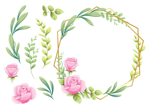 Floral frame with pink roses, delicate green leaves and golden geometric accents with a blank center, ideal for wedding invitations, greeting cards, stationery, posters and elegant decorative designs.