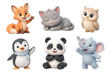 Fototapeta premium cartoon illustration of six cute animals including fox cat owl penguin panda and elephant in playful colorful children friendly design
