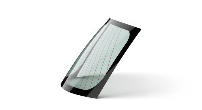 Transparent vehicle rear windshield glass with integrated heating lines isolated on clean white background captured from a high angle perspective