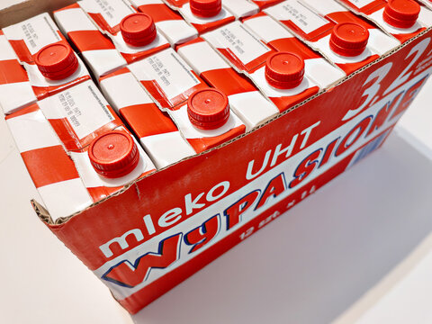 WARSAW, POLAND - MAY 7, 2026: Box of Mlekovita Wypasione milk cartons in store