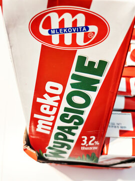 WARSAW, POLAND - MAY 7, 2026: Close up of Mlekovita Wypasione milk package
