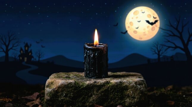 Burning black candle on stone with full moon background