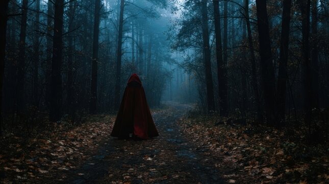 Person in red hooded cloak walking into misty forest.