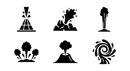 Fototapeta premium Volcano Eruption Icons, Geyser Symbols, Natural Disaster Vector Graphics, Earth Science Illustrations