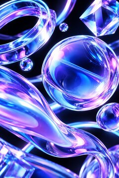 Cybernetic Holographic Iridescent Luminescence: Abstract Translucent Acrylic Glass Undulation with Purple Blue Glow on Dark Backdrop for Futuristic Design.
