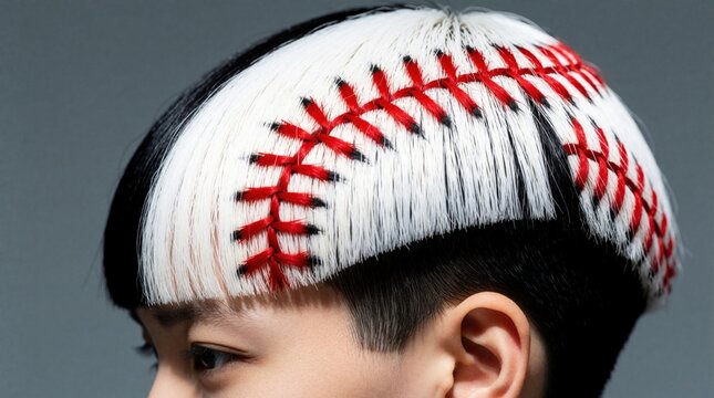 Close up of person with creative baseball hair style. White dyed hair features red stitching pattern like sports ball. Unique haircut design shows bold individuality, edgy fashion trend. Person
