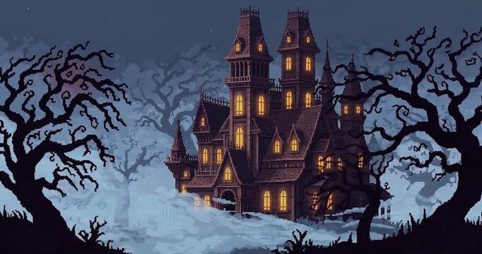 Spooky pixel art gothic mansion at night.