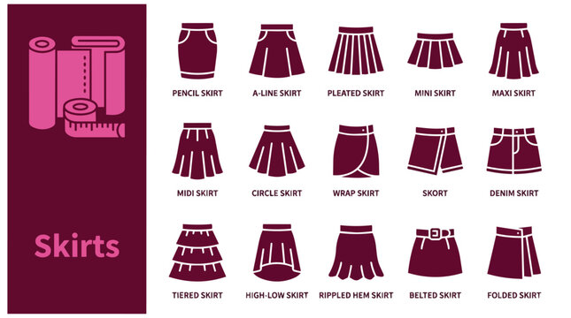 Set of Women's Skirt Style Icons with Tailoring Symbols and Fashion Guide