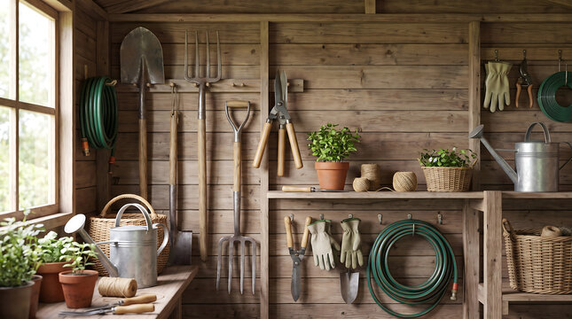 Organized wooden garden shed interior with rustic tools, metal watering cans, green hoses, and potted herbs on wooden shelves.