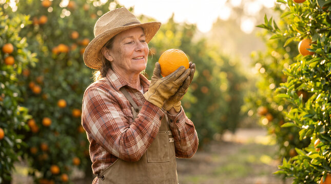 A mature female farmer wearing a hat and apron holds a fresh orange in her hands while working in a sunlit orange orchard