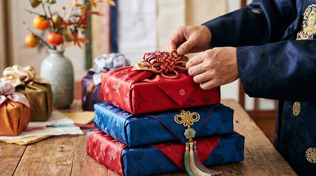 Bojagi gift, tying knot, gift wrapping, bojagi knot, Man Tying Bojagi Gift Knot for Ancestral Tribute during Chuseok Mudik Season in South Korea