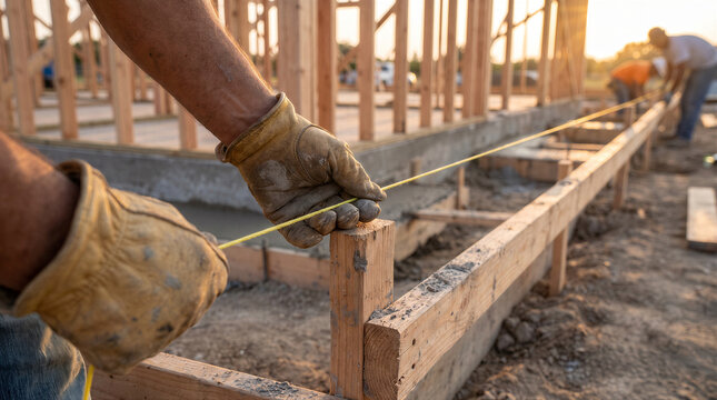 Construction worker using a string line to measure and align wooden formwork for a concrete foundation on a building site