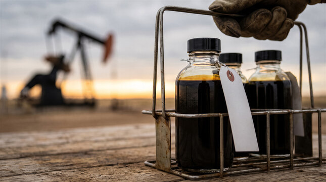 Closeup of oil samples in glass bottles held by a worker at an oil field with a pumpjack in the background at sunset
