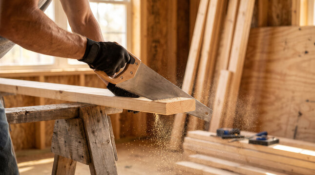 Closeup of a carpenter using a hand saw to cut a wooden board on a sawhorse in a workshop