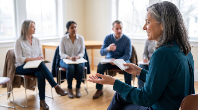 Diverse group of people sitting in a circle during a professional workshop or therapy session
