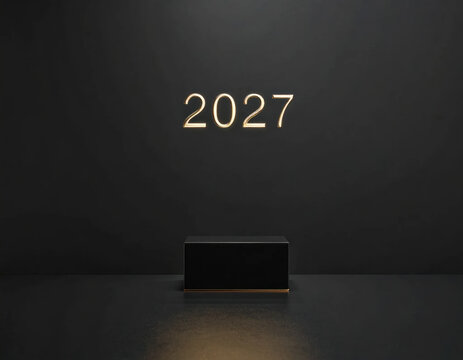Annual calendar display with glowing year text above dark pedestal in minimalist studio setting