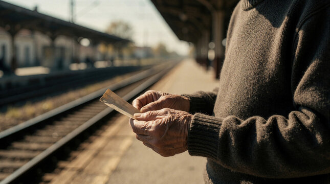 Elderly man holds old ticket stub, waits on train platform. He wears brown sweater, anticipates journey. Autumn light shines on station, tracks stretch far.