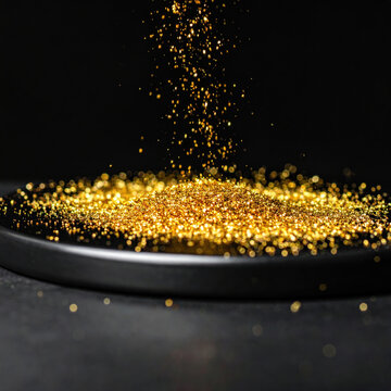 Golden glitter falling onto dark round surface, creating sparkling festive display against black background
