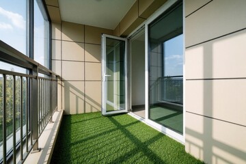 Fototapeta premium Modern balcony with green artificial grass floor and large glass windows. Beige walls and metal railing offer a clean, minimalist urban living space.