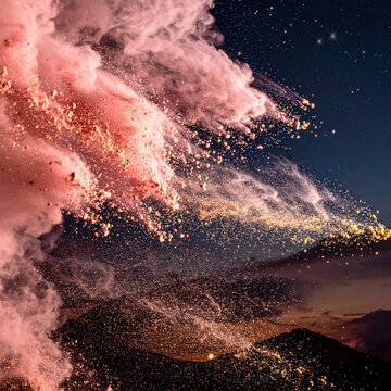 Pink cloud, sparkling dust, and mountain silhouette beneath starry night sky create dramatic cosmic landscape with glowing particles and atmospheric motion