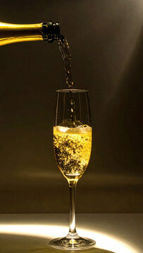 Sparkling wine pouring into champagne flute with golden bubbles against dark background