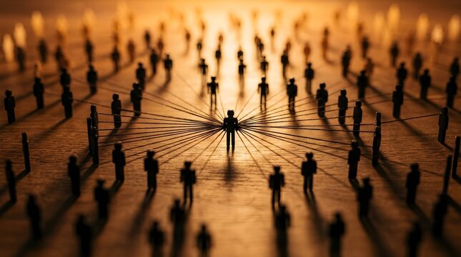 Human figures connected by strings on wooden surface representing social network and leadership concept
