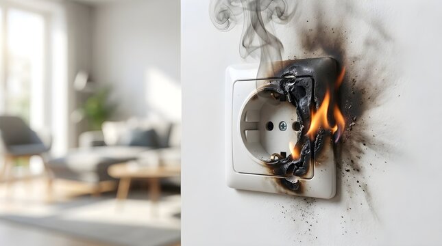 Electrical Fire in Wall Socket with Flames and Smoke Due to Short Circuit Malfunction in Home