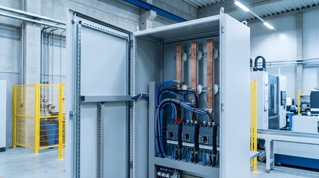 Industrial Electrical Control Panel with Copper Busbars and Circuit Breakers in a Factory Interior