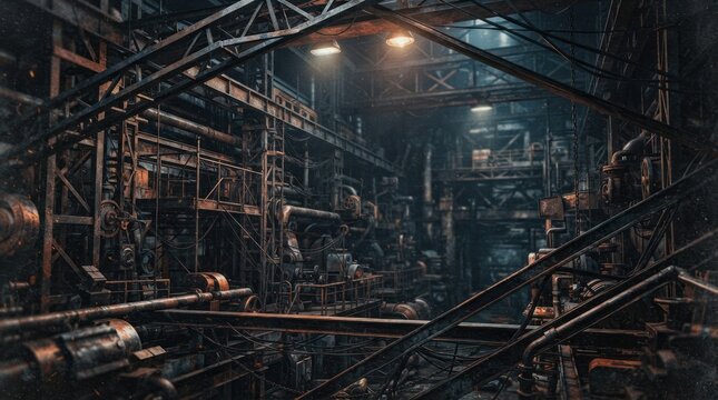 Dark industrial interior of a derelict factory with metal pipes and scaffolding.