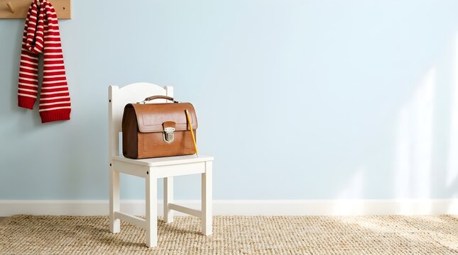 Vintage Leather Satchel and Pencil on a Small White Chair in a Child Room with Striped Scarf